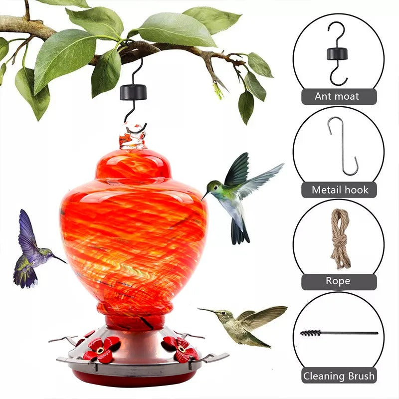 Sherum Hand Blown Glass Hummingbird Feeder - 38 Ounces