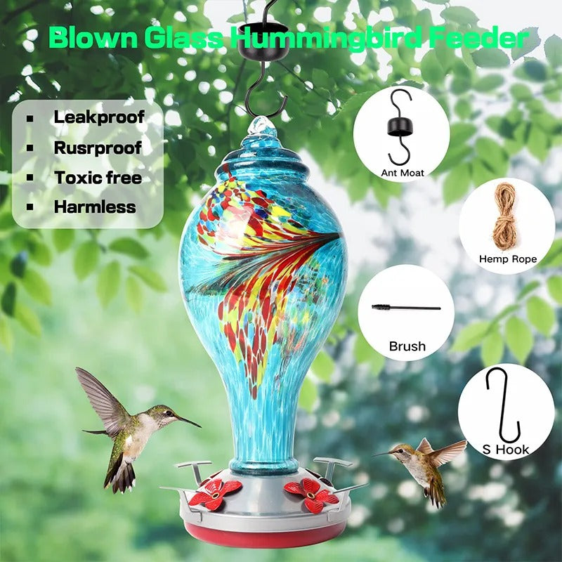 Sherum Hand Blown Glass Hummingbird Feeder - 25 Ounces