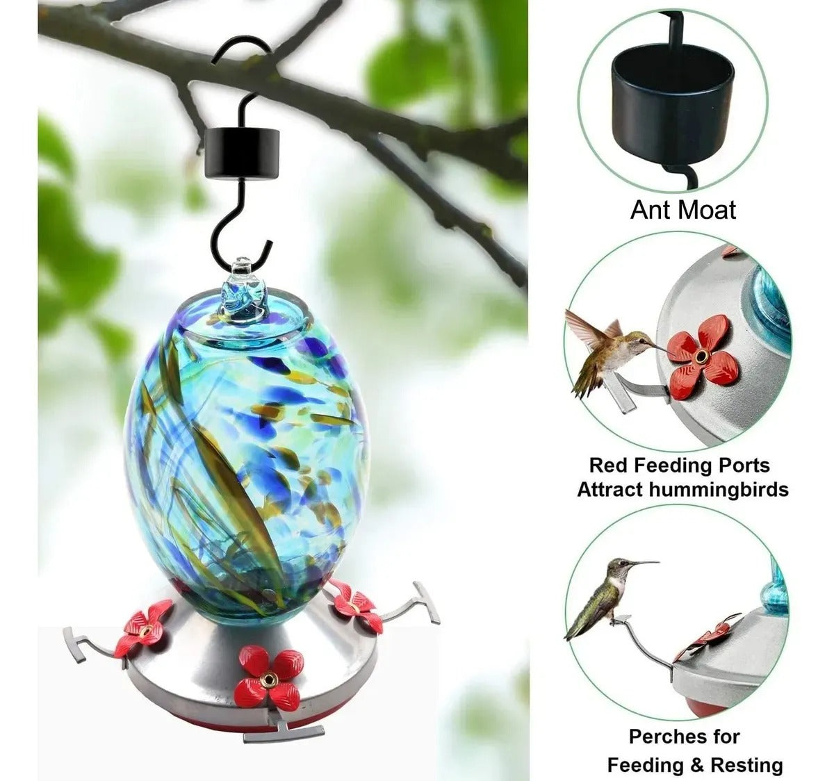 Sherum Hand Blown Glass Hummingbird Feeder - 25 Ounces