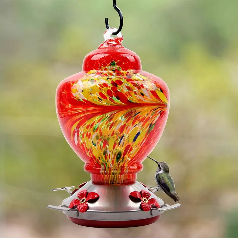 Sherum Hand Blown Glass Hummingbird Feeder - 38 Ounces